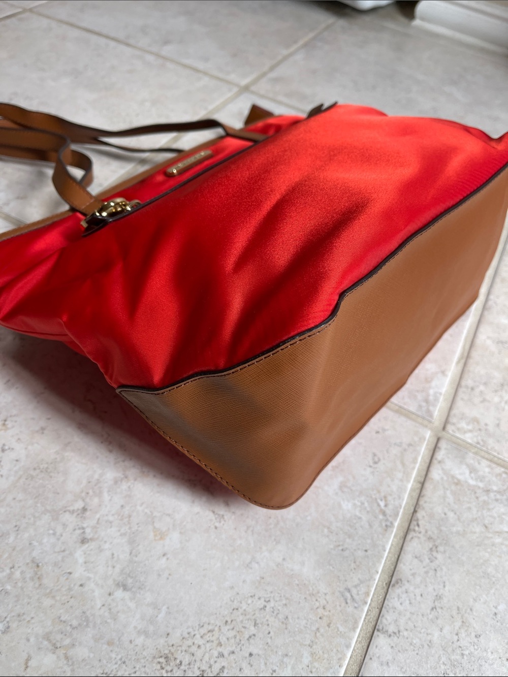 Michael Kors Red Nylon Tote with Brown Leather Trim and Gold Hardware - Picture 2 of 3